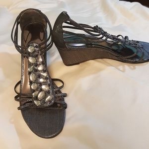Gray strappy wedge heel sandles. 2.5 inch heel